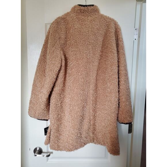 Sam Edelman NWT Camel Brown Long Soft Teddy Coat Faux Leather Accents Women's XL - Picture 11 of 16
